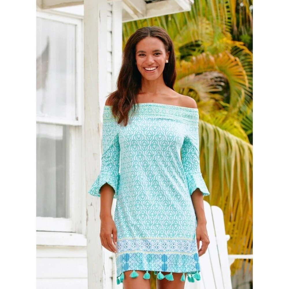 Cabana Life Off Shoulder Tassel Hem Dress NWT UPF 50+ Aqua Size Large